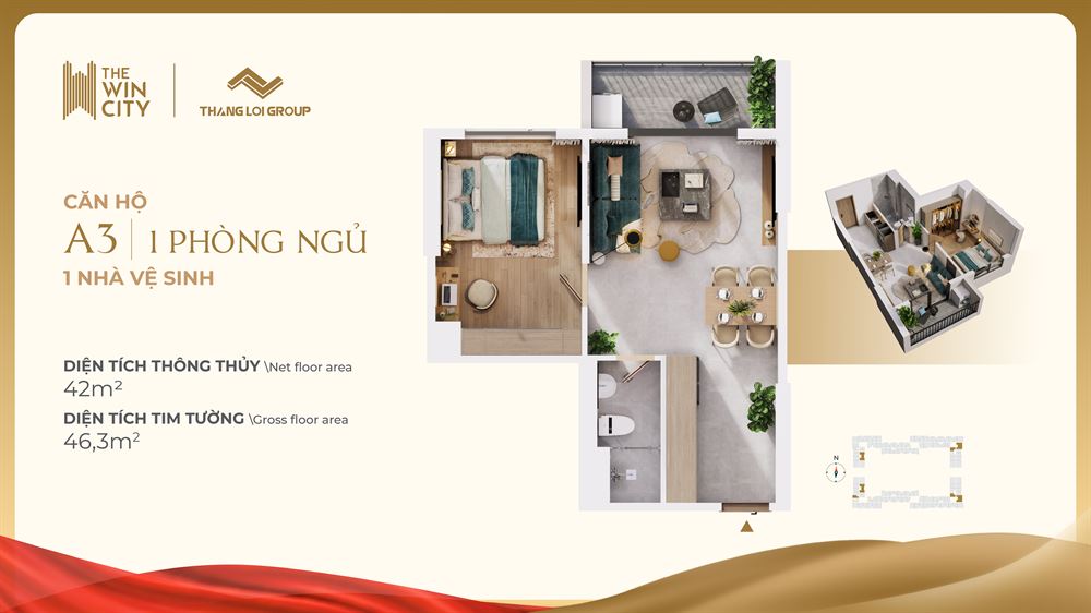 Mặt bằng căn hộ 1 phòng ngủ 1 vệ sinh The Win City