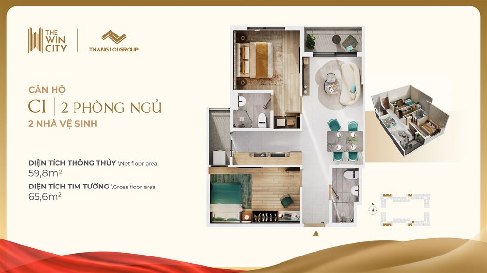 Mặt bằng căn hộ 2 phòng ngủ 2 vệ sinh The Win City