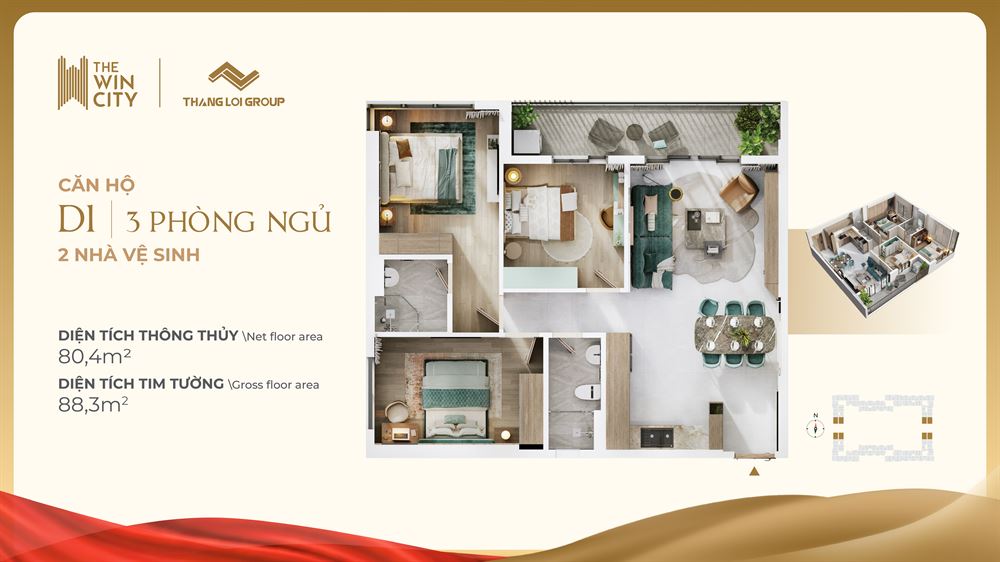 Mặt bằng căn hộ 3 phòng ngủ The Win City