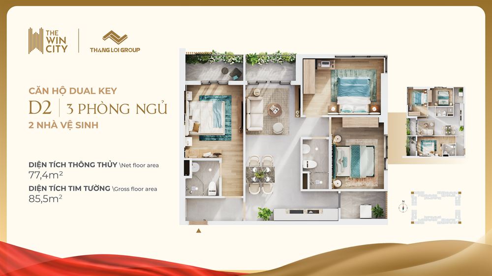 Mặt bằng căn hộ Dual Key 3 phòng ngủ The Win City